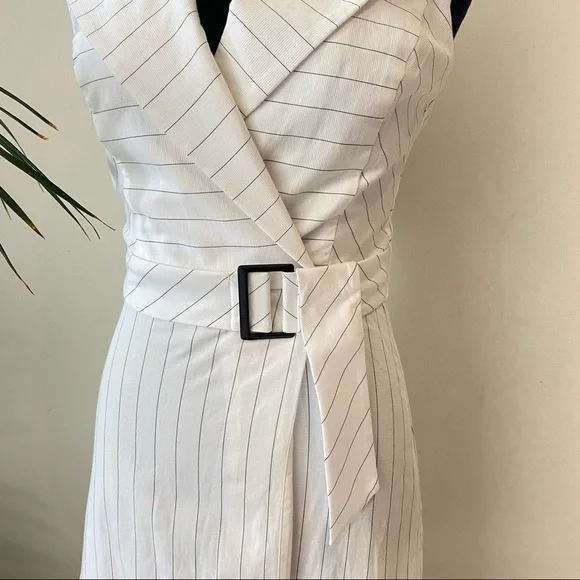 CUE Size 4 White striped Faux Wrap Cotton Summer Dress with Belt Light Stretch - Picture 7 of 10